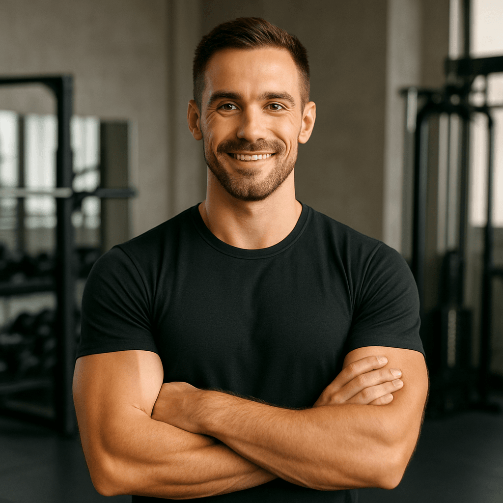 A fit, muscular man with short dark brown hair and a beard smiles confidently in a modern gym, wearing a plain black t-shirt with his arms crossed.