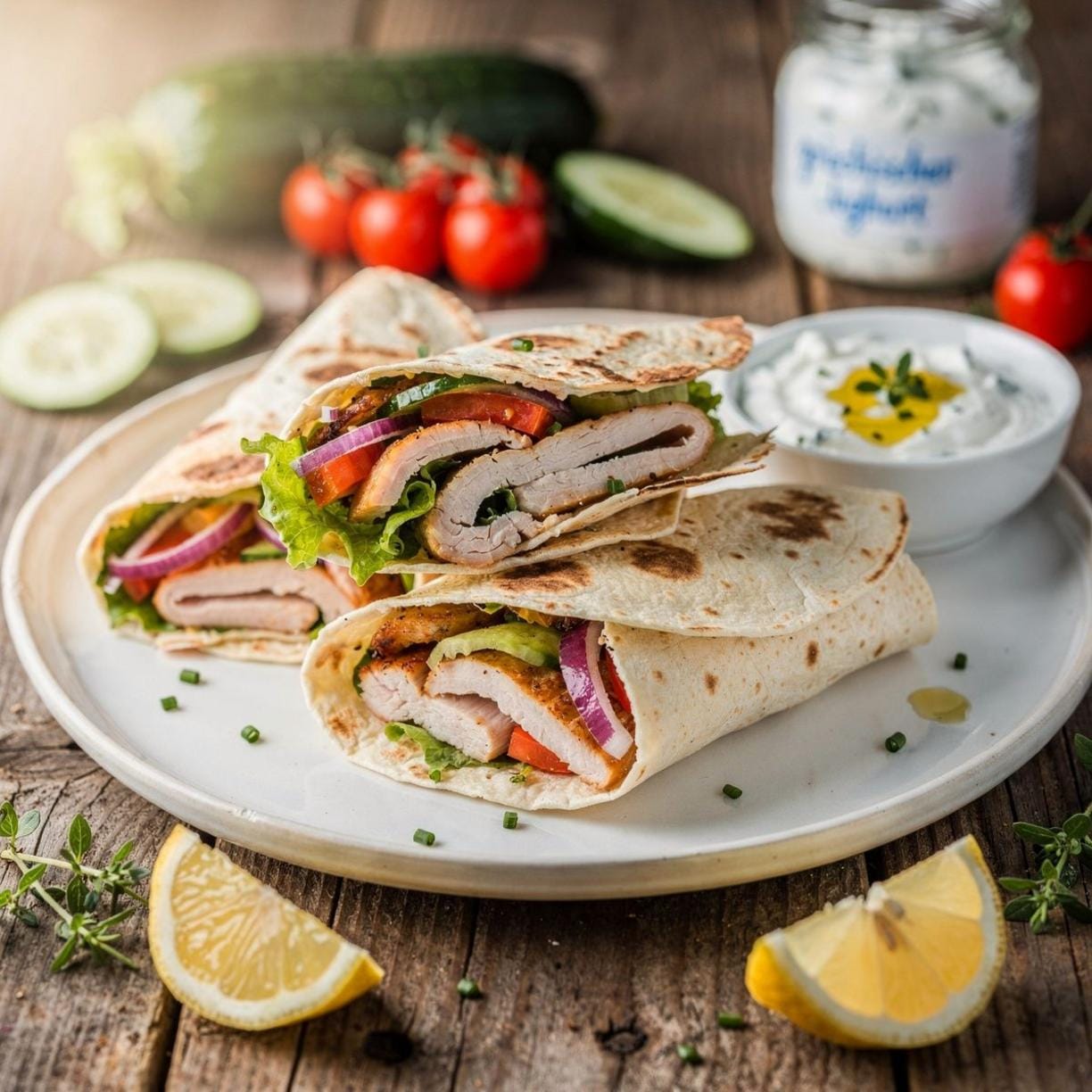 Puten-Wraps mit griechischem Joghurt-Dip