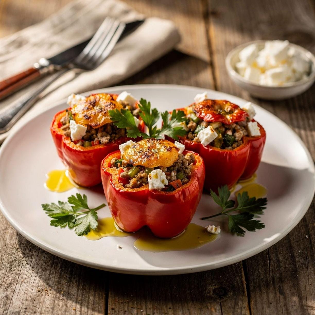 Gefüllte Paprika mit Putenhackfleisch und Feta