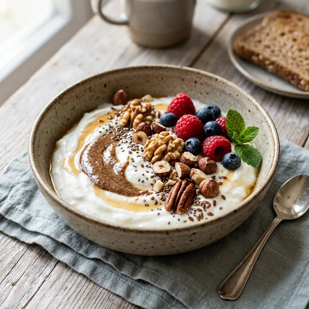Eiweißreiche Quark Bowl mit Nüssen