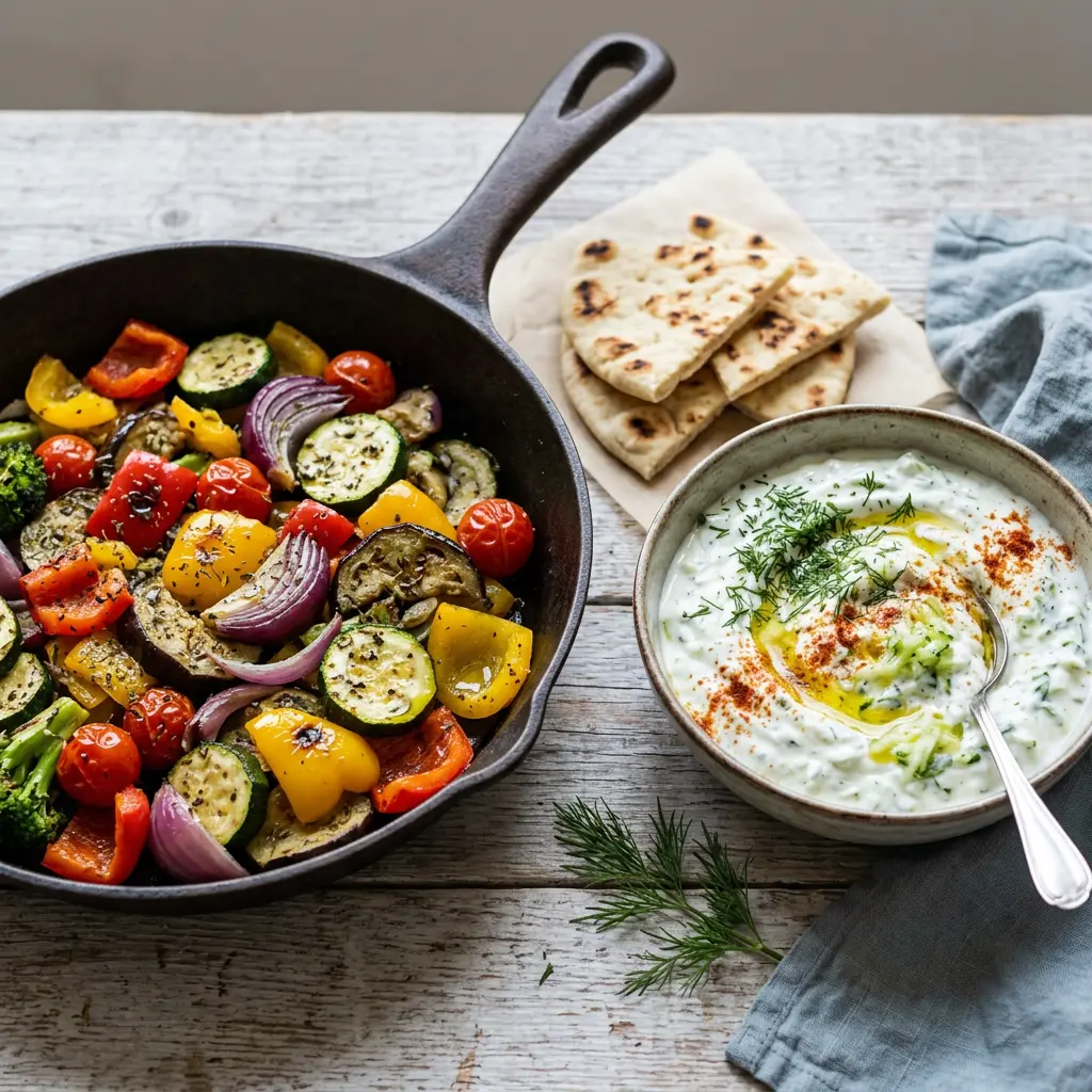 Griechischer Joghurt Dip mit Gemüse Pfanne