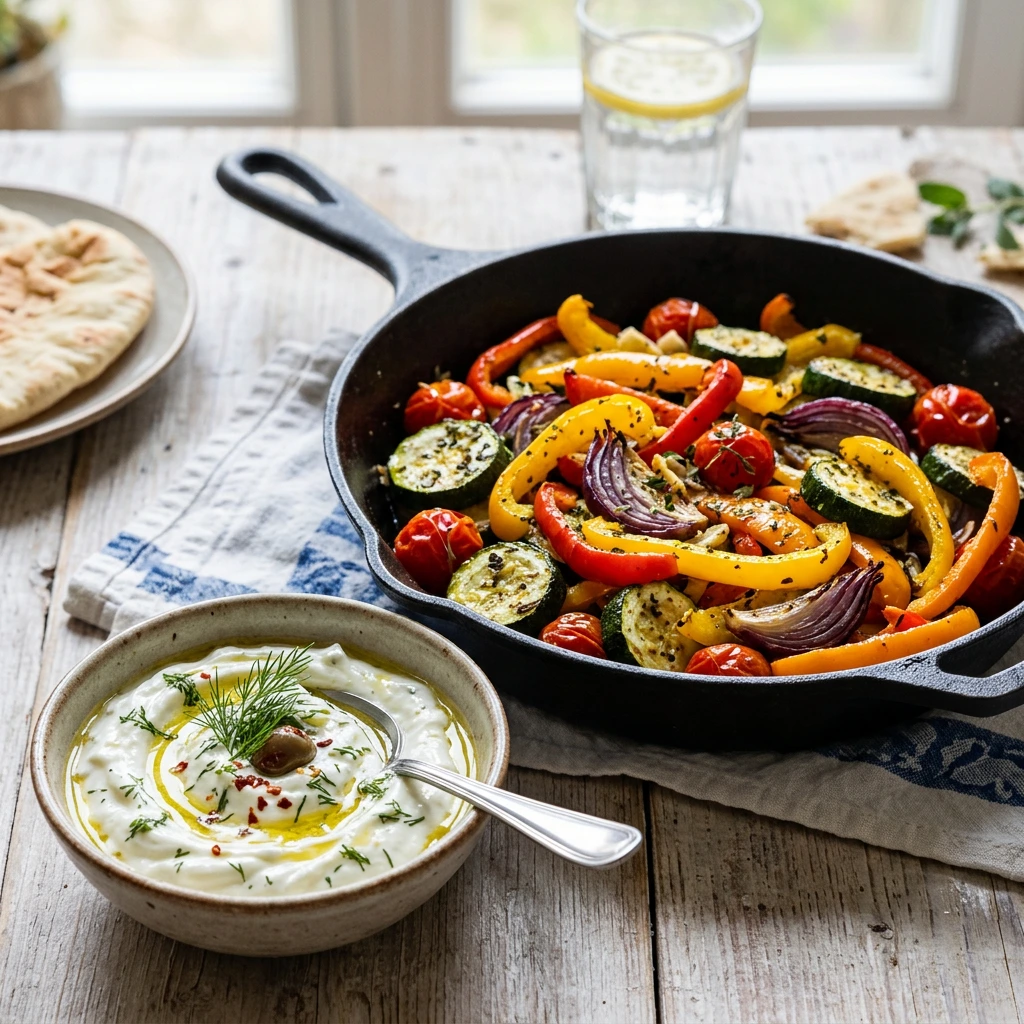 Griechischer Joghurt Dip mit Gemüse Pfanne