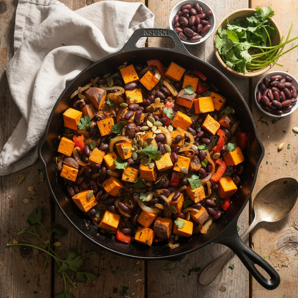 High Protein Süßkartoffel Bohnen Pfanne