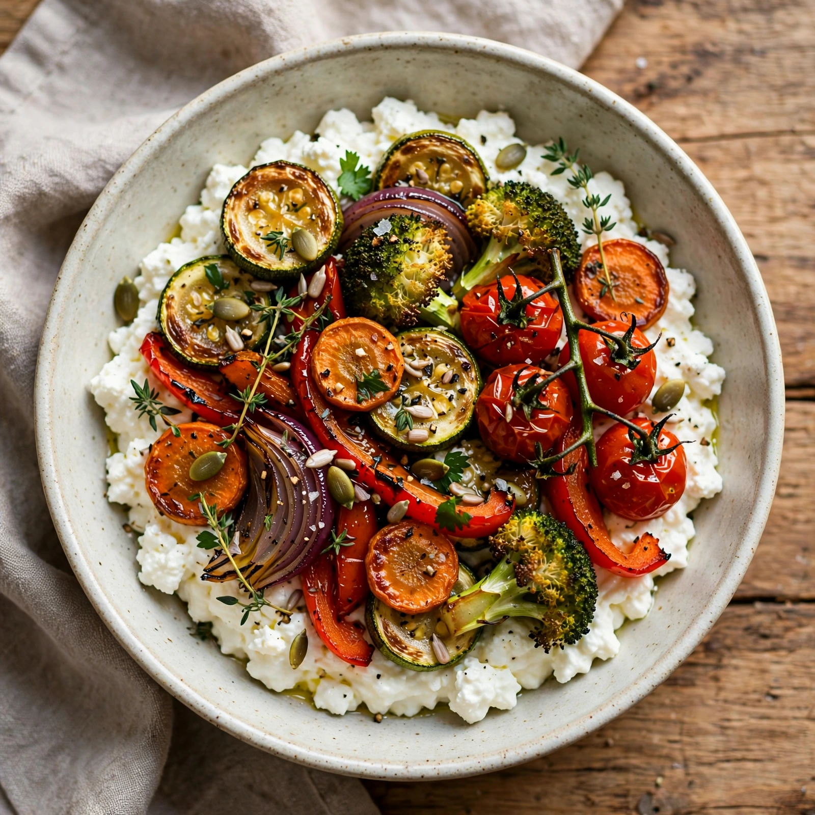 Hüttenkäse Bowl mit geröstetem Gemüse