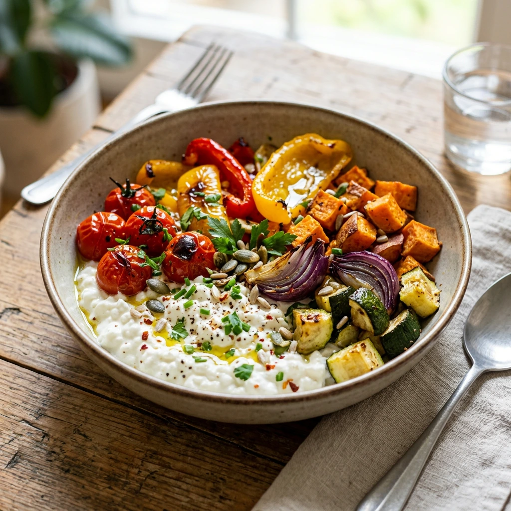 Hüttenkäse Bowl mit geröstetem Gemüse