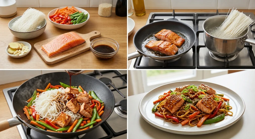 Lachs-Teriyaki mit Reisnudeln