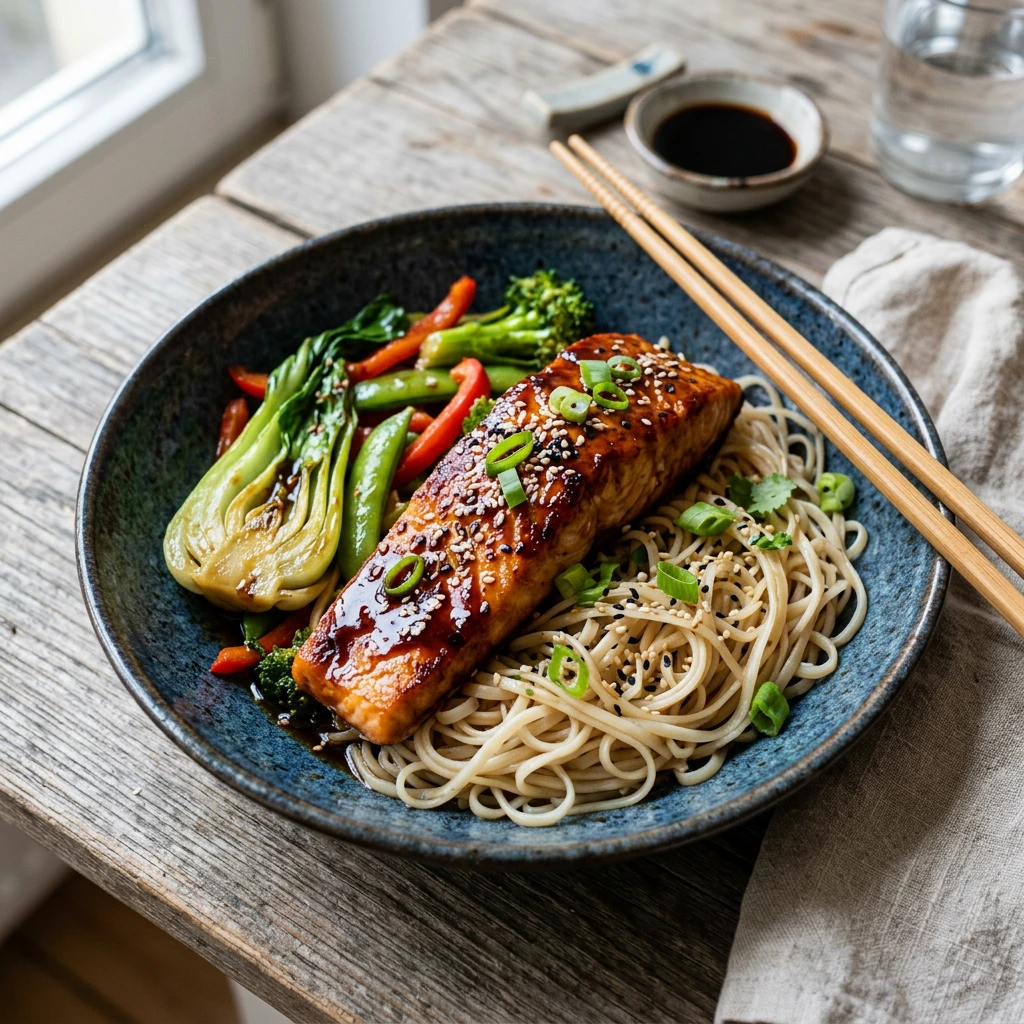 Lachs-Teriyaki mit Reisnudeln