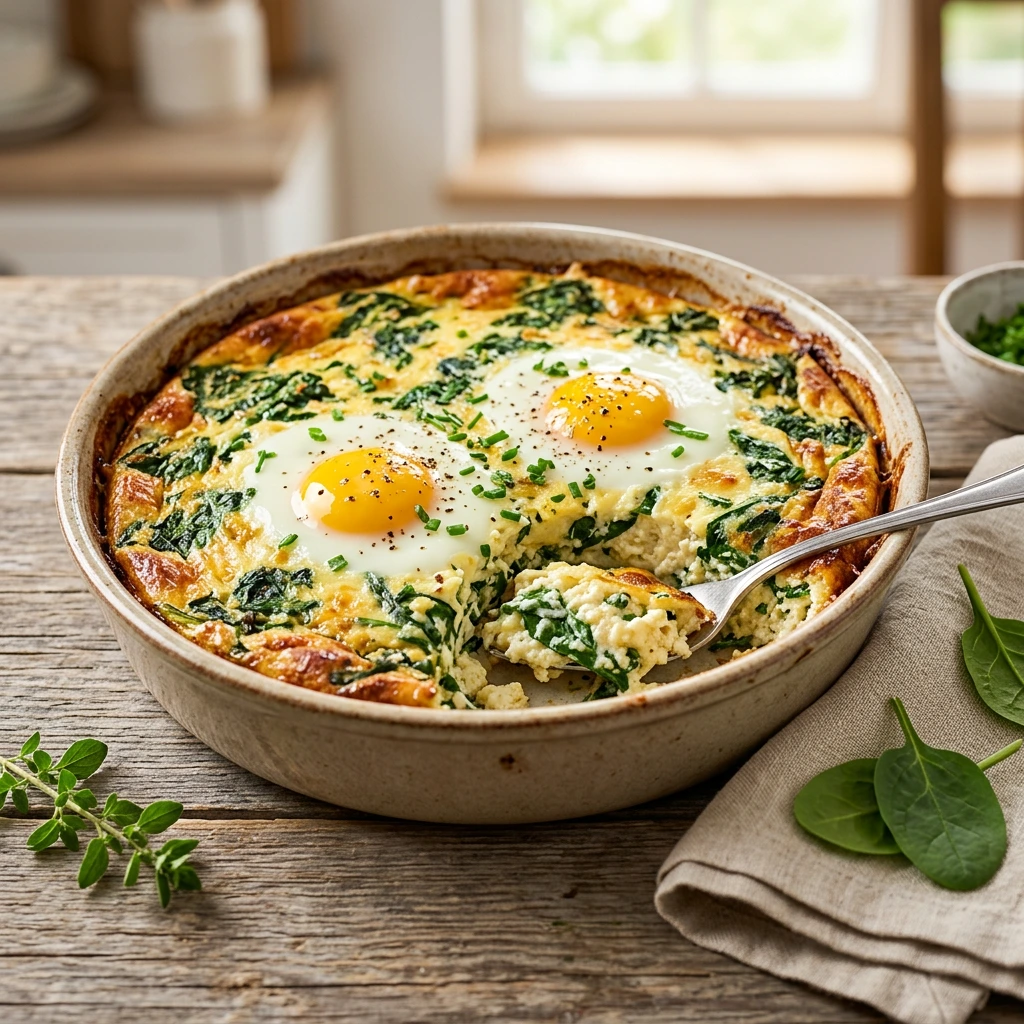 Quark Auflauf herzhaft mit Spinat und Ei