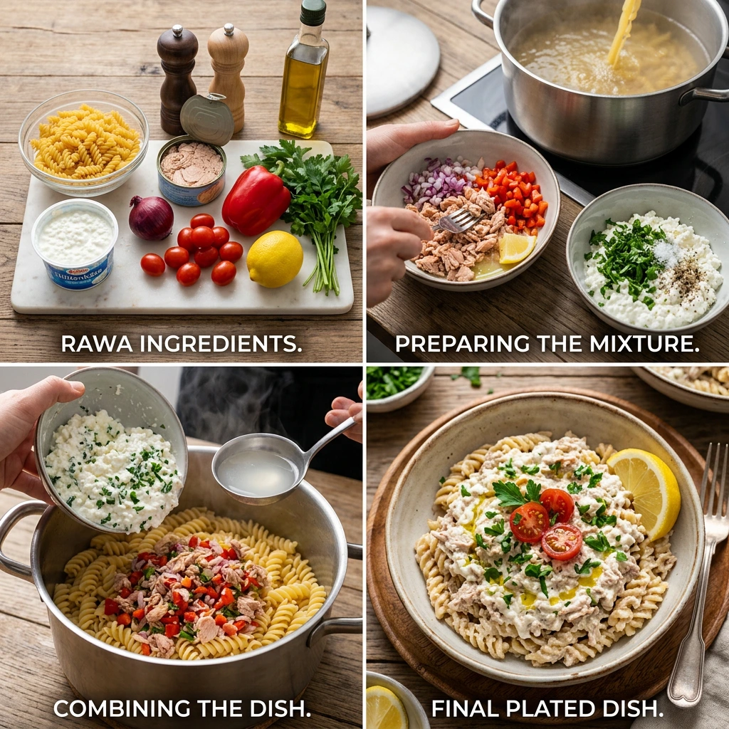 Thunfisch-Pasta mit Hüttenkäse-Sauce