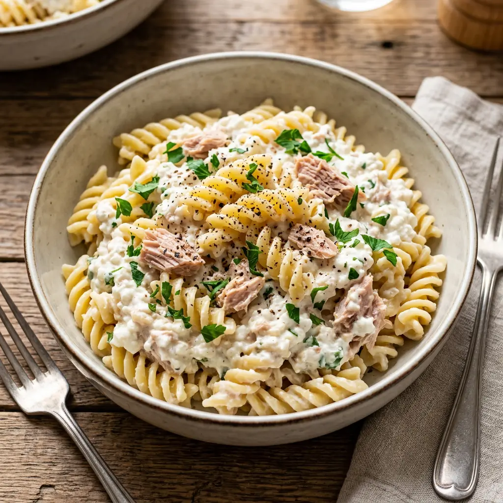 Thunfisch-Pasta mit Hüttenkäse-Sauce