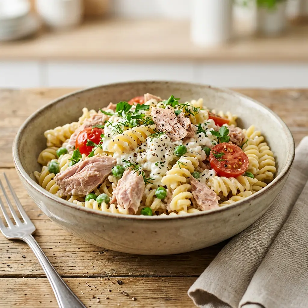 Thunfisch-Pasta mit Hüttenkäse-Sauce