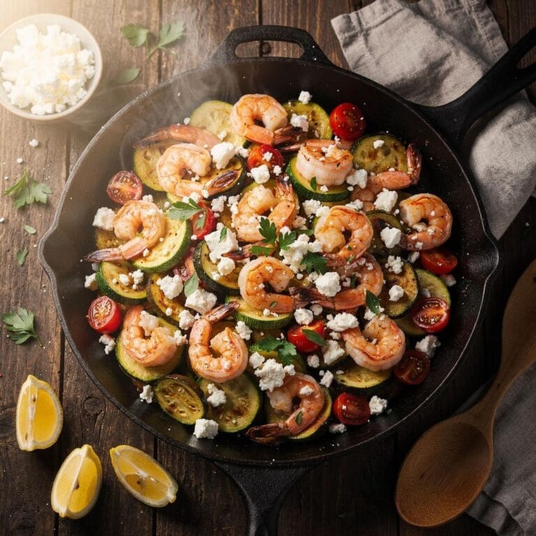 Garnelen-Pfanne mit Zucchini und Feta